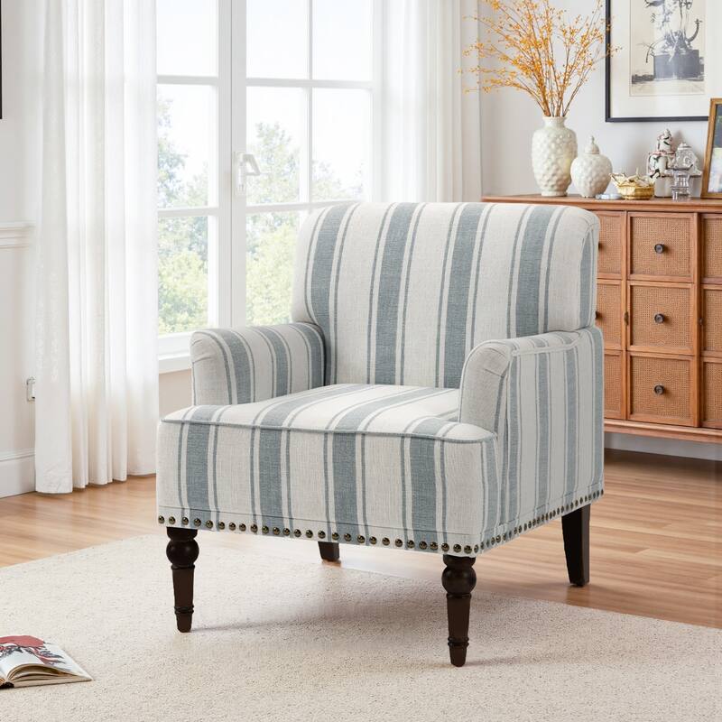 Striped Upholstered Linen Armchair with Brass Nailhead Trim - BLUE STRIPED