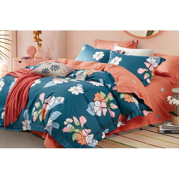 Say Yes Bedding Scarlet Blue/Orange Floral 100% Cotton Reversible Comforter Set Queen/Full