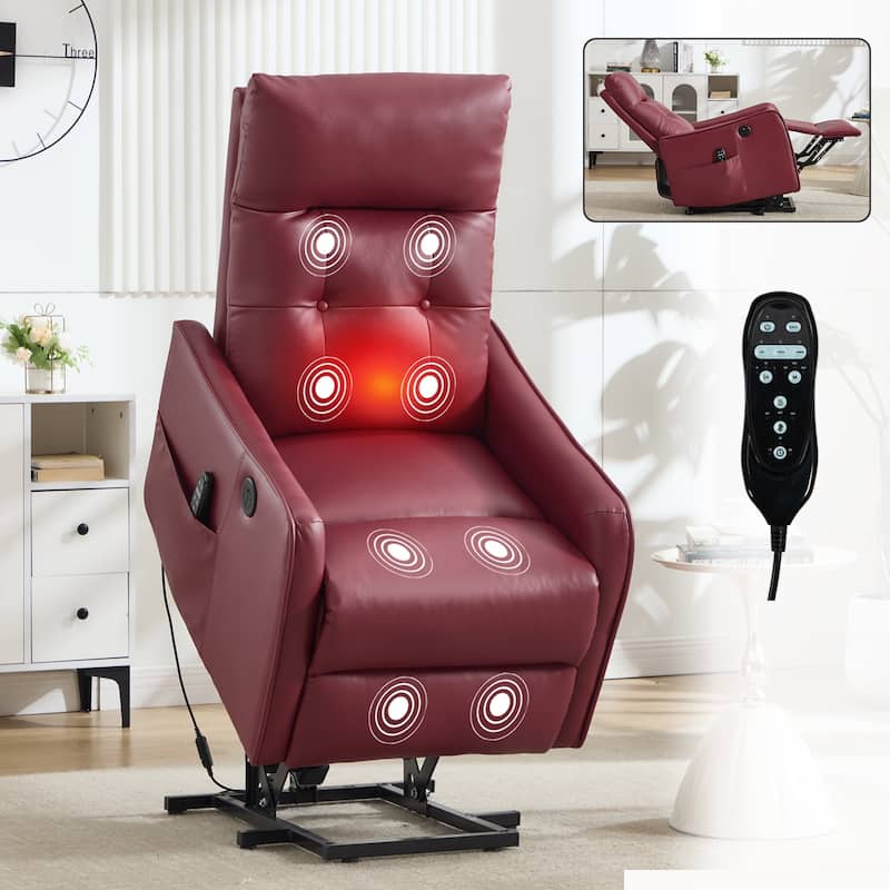 PU Leather Recliner with Single Motor Lift Massage Heat and 155 Degree Recline - Red