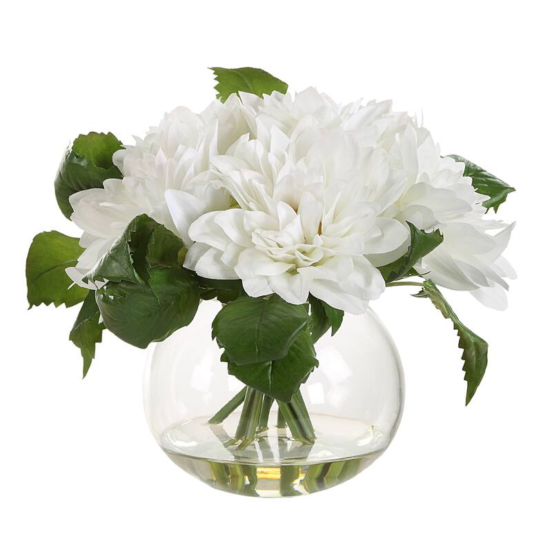 Artificial Dahlia Floral Centerpiece in a Glass bowl - 12" - White and Green