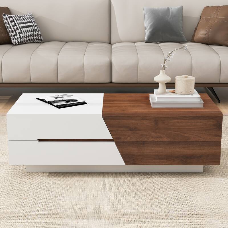 Modern Extendable Sliding Top Coffee Table with Storage, White & Walnut
