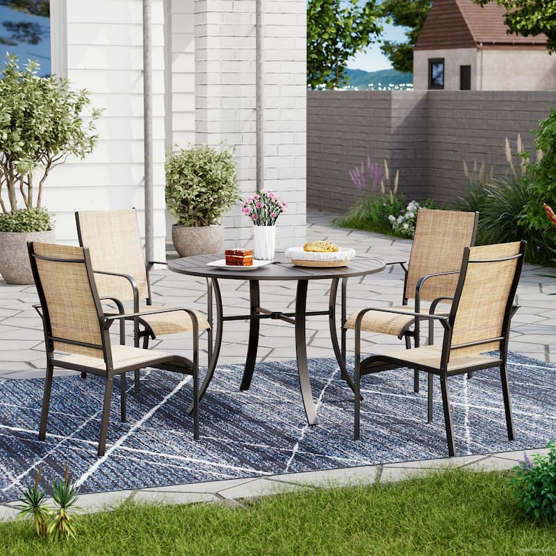 5/7/9-Piece Outdoor Patio Dining Set with Stackable Textilene Chairs and Slatted Table, Furniture with Adjustable Umbrella Hole - 5 Piece-Round - Brown