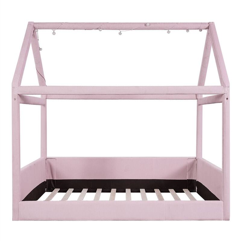 Full Size Upholstered House Daybed with LED Light Strips, Modern House Floor Bed Montessori Bed with Roof Design for Kids