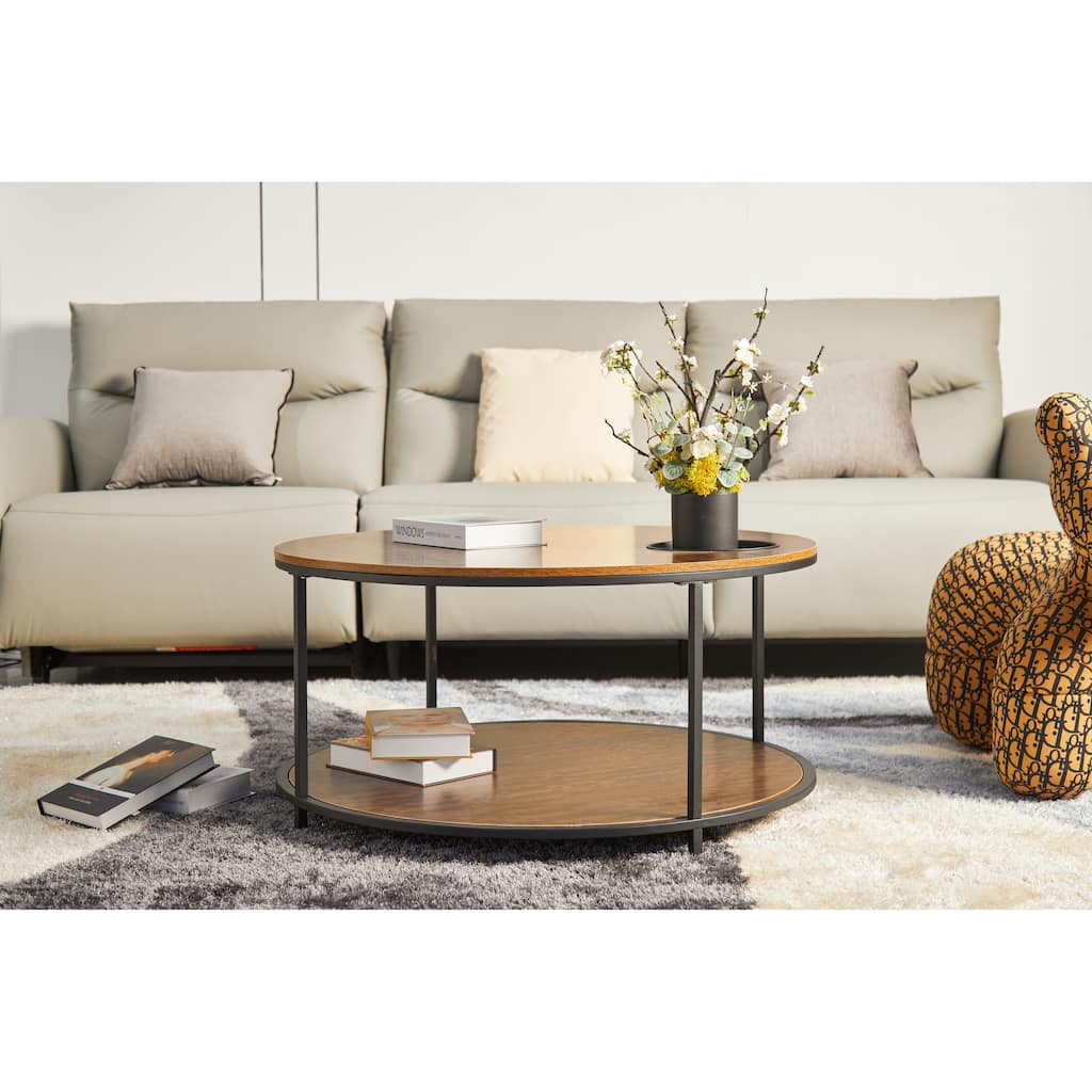 34.64" Antique Wood Round Coffee Table with Two-Layer Storage, Modern Home Furniture