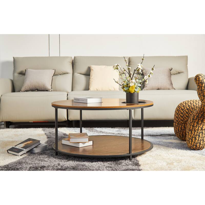 Round Coffee Table with Storage Tray and Lower Shelf Two Tier Modern Design - Black Brown