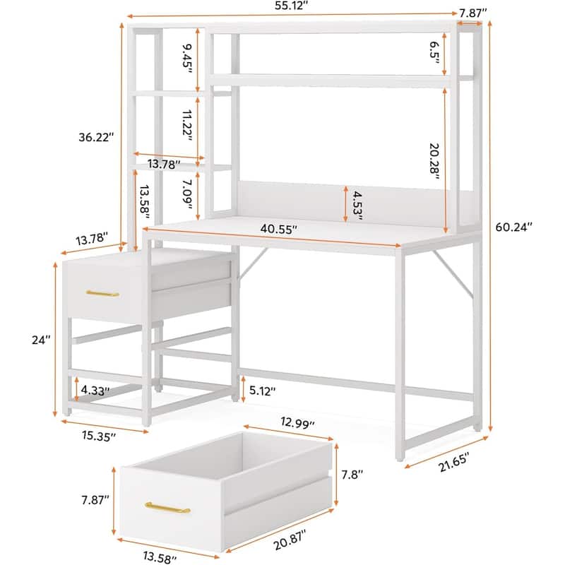 55 Inches Computer Desk with Hutch,2 Drawers & Open Shelves-Modern Home Office Desk with Storage,Writing & Gaming Workstation