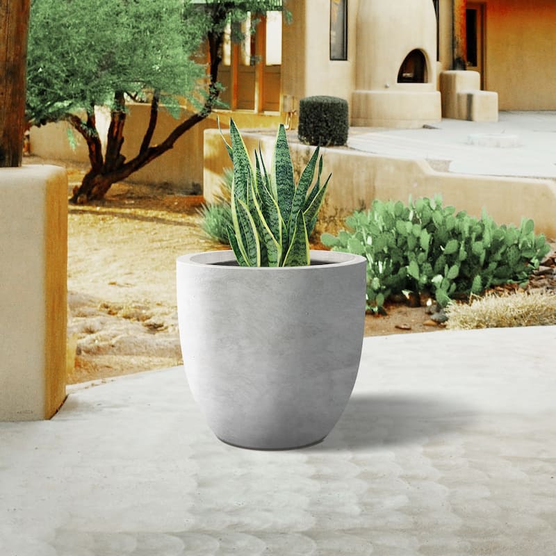 Plantara 14"D Round Raw Concrete planter with Drainage Hole, Outdoor Flower pot, Modern Planter pot for Garden