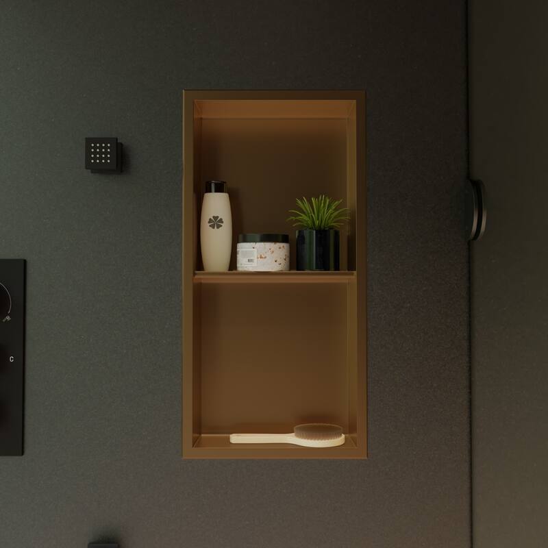 ALFI brand 12" x 24" Brushed Gold PVD Stainless Steel Vertical Double Shelf Shower Niche