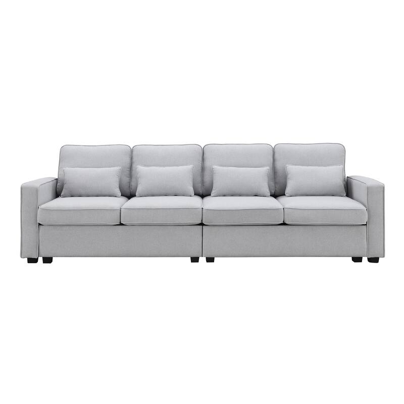 Spacious 4-Seater Linen Sofa with Armrest Storage Pockets, 104" Modern Couch with 4 Pillows for Home or Office