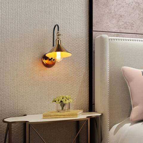 Modern Industrial 1-Light Black Brass Wall Sconce with Metal Cone Shade - 8" L x 12" W x 13" H