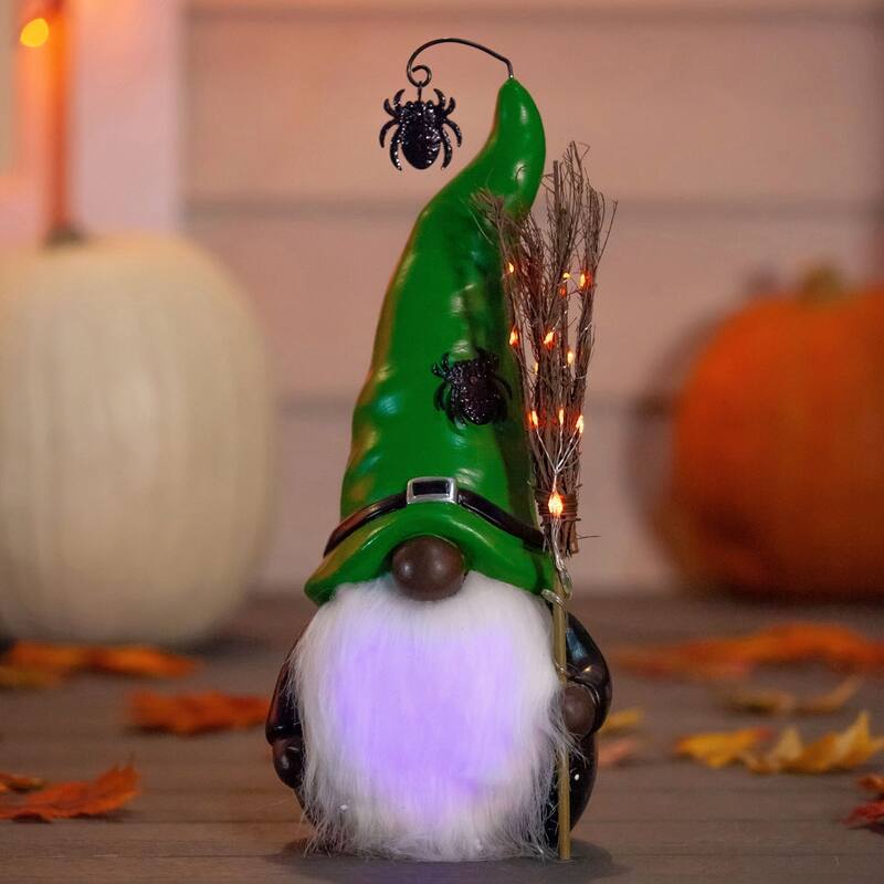16"H LED Resin statuary, Black Witch Gnome with Green hat