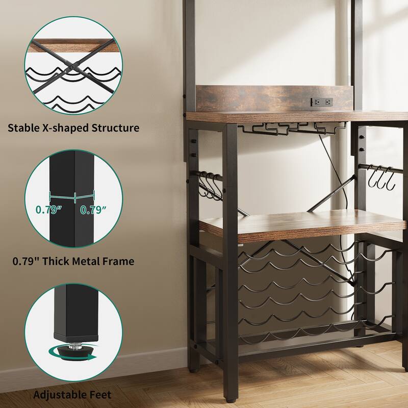 Freestanding Floor Wine Rack Table with Power Outlet Bottle Shelf and Glass Holder Home Bakers Rack