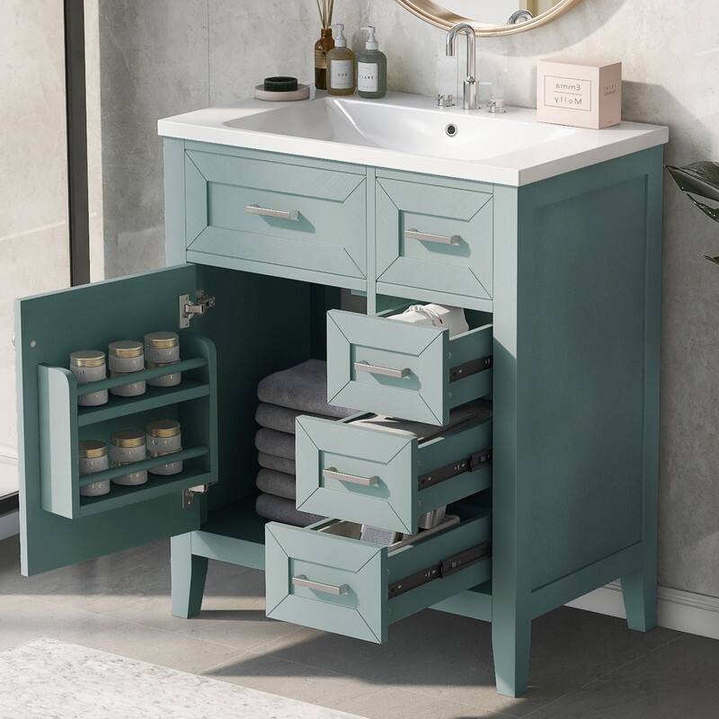 30" Bathroom Vanity with Sink Combo, White Bathroom Cabinet with Drawers, Solid Frame and MDF Board - Green
