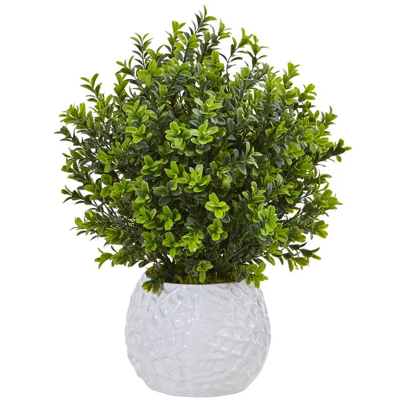 Artificial Evergreen Plant in White Vase - Indoor Outdoor Decor - City Sleek Faux Greenery - Green