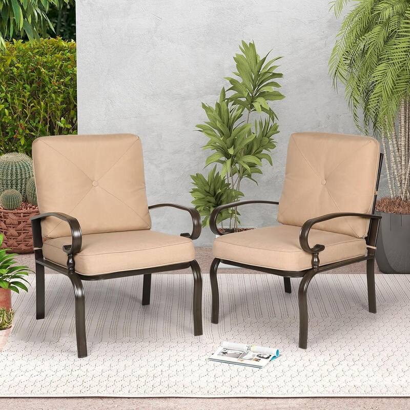 Outdoor Patio Metal Dining Club Chairs Set of 2, Garden Seating Arm Chairs with Cushions - Brown