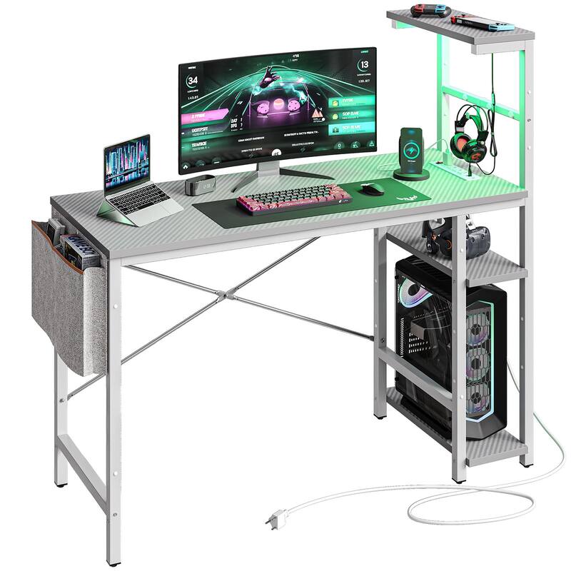 Computer Desk Home Office Desk with LED & Adjustable Shelves