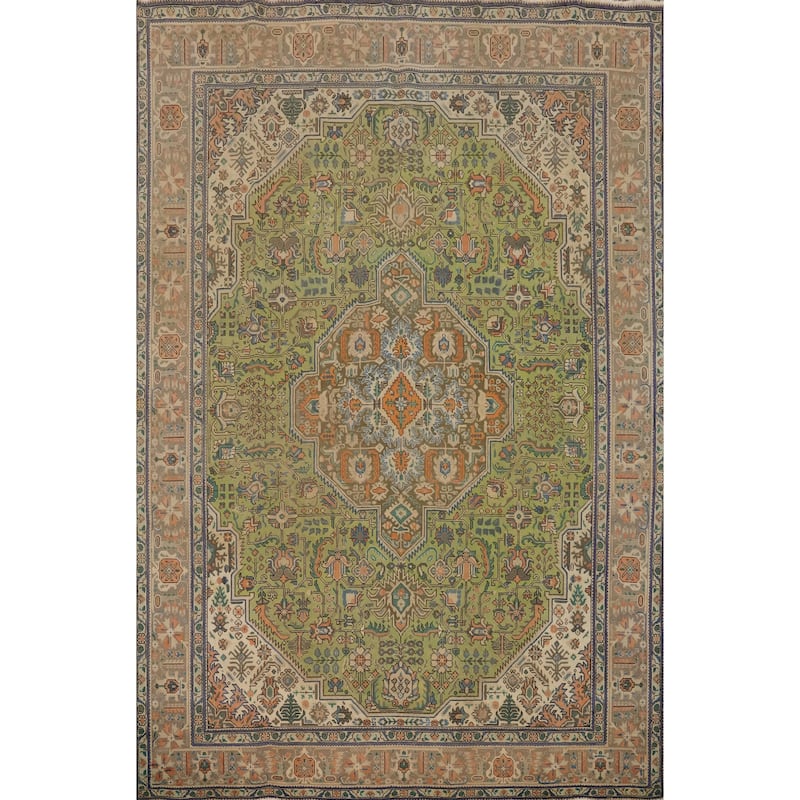Hand Knotted Oriental 100% Wool Carpet Traditional Floral Green Tabriz Area Rug - 12' 5'' X 9' 7''