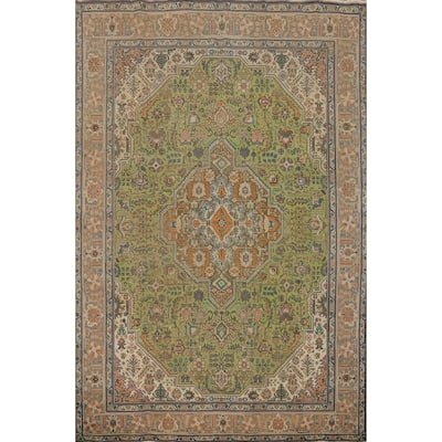 Hand Knotted Oriental 100% Wool Carpet Traditional Floral Green Tabriz Area Rug - 12' 5'' X 9' 7''