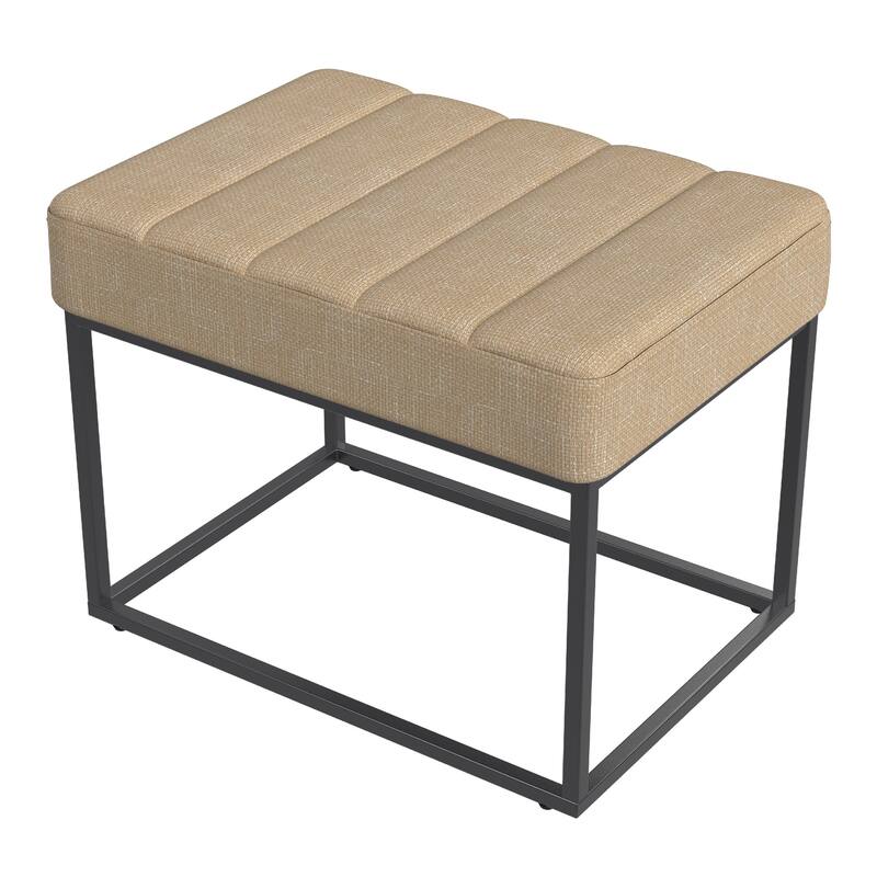Kai Ottoman Footstool, Light Brown Woven Fabric, Black Metal, 22 Inch