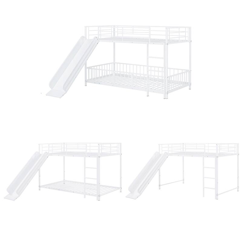 Metal Bunk Bed with Slide and Guardrails for Kids