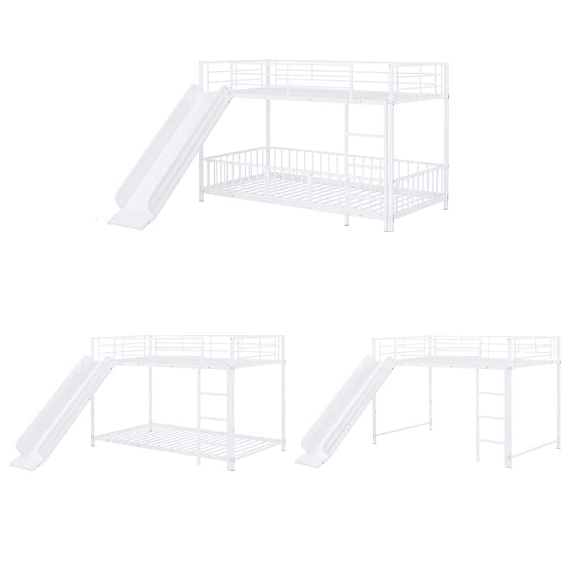 Twin over Twin Metal Bunk Bed with Slide, Guardrails & Convertible Loft Design - White