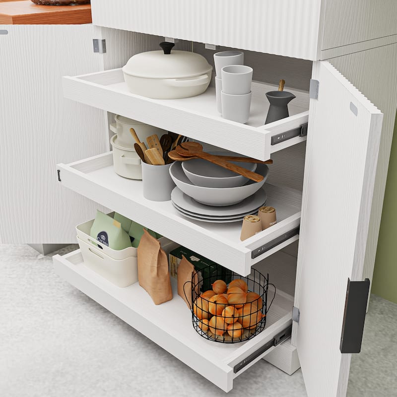 Kitchen Pantry Cabinet, Fluted Kitchen Cupboard with 3 Keyboard Drawers, Tall Storage Cabinet with Adjustable Shelves
