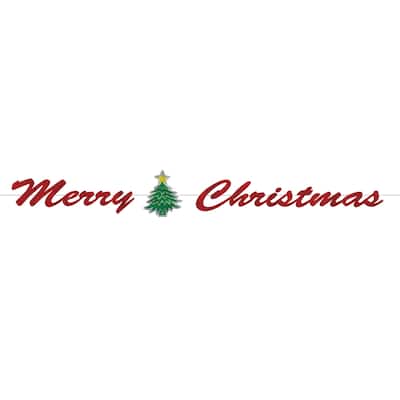 Pack of 12 Red "Merry Christmas" Glittery Foil Streamer Banner with Christmas Tree 6'
