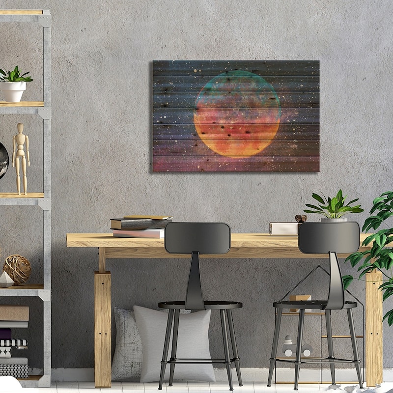 Big Moon Among Stars In The Universe Print On Wood by Valery Rybakow - Multi-Color