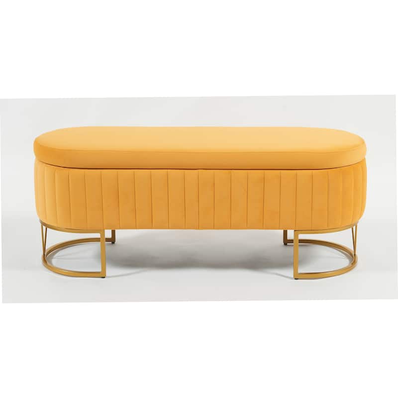 Oval Velvet Storage Bench with Metal Legs - Upholstered Bedroom Bench, Modern Storage Ottoman Bench - Mustard