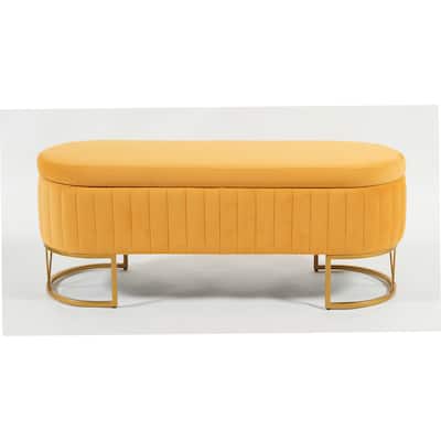Oval Velvet Storage Bench with Metal Legs - Upholstered Bedroom Bench, Modern Storage Ottoman Bench