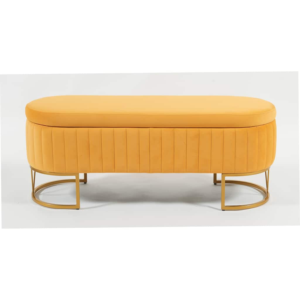 Oval Velvet Storage Bench with Metal Legs - Upholstered Bedroom Bench, Modern Storage Ottoman Bench