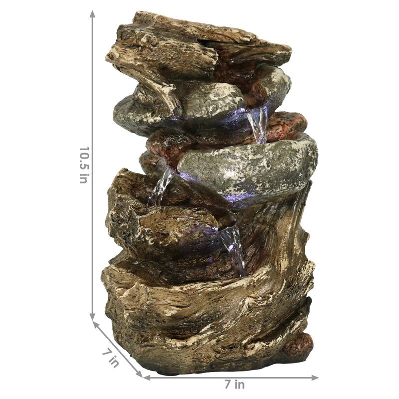 Sunnydaze Tiered Rock and Log Tabletop Fountain with LED Lights - 10.5-Inch