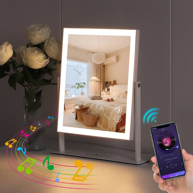 Hollywood Makeup Vanity Mirror With LED Light Strip Bluetooth Speaker Adjustable Color Cute Makeup Tools - N/A - White