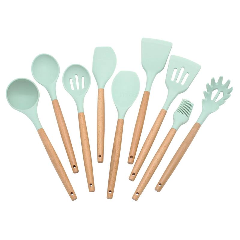 Elyon 9 Piece Colored Silicone with Wood Handles Kitchen Utensils Set - 9 Piece - Mint Green