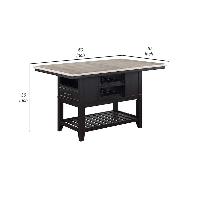 Kara 60 Inch Counter Height Dining Table, Lower Shelves, Wood, Black, Beige