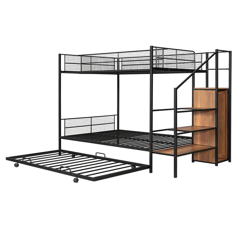 Twin Over Full Bunk Bed with Trundle, Storage Ladder, and Wardrobe, Perfect for Families or Guest Rooms