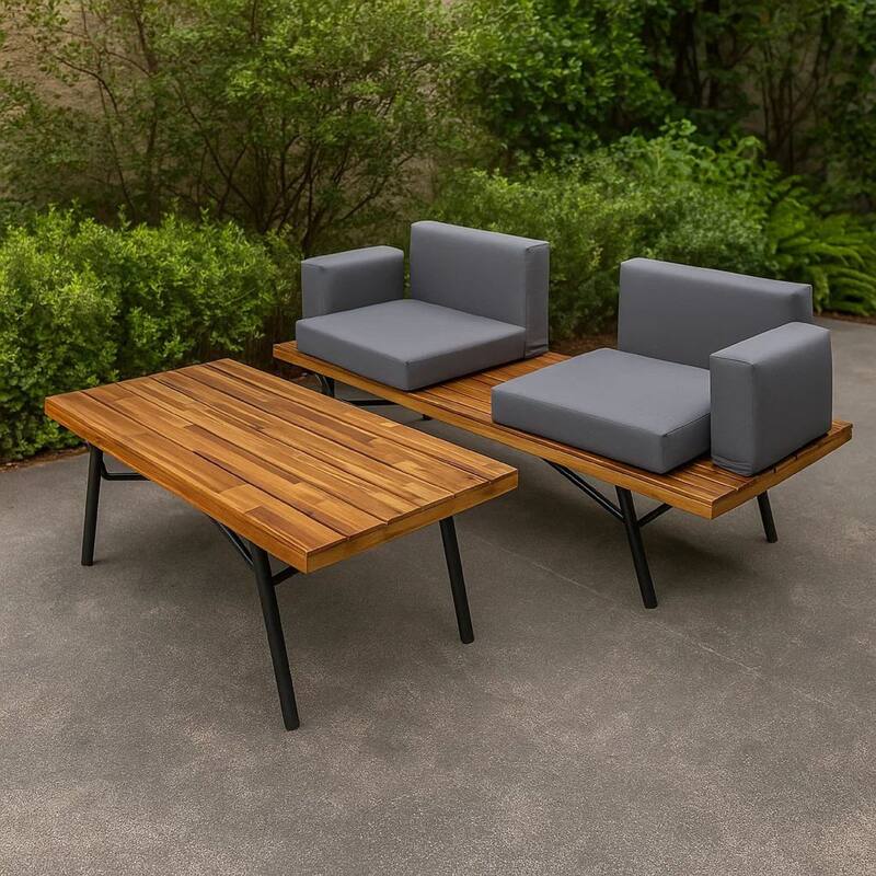 Outdoor Loveseat and Coffee Table Set, Acacia Wood, Black Iron, Gray