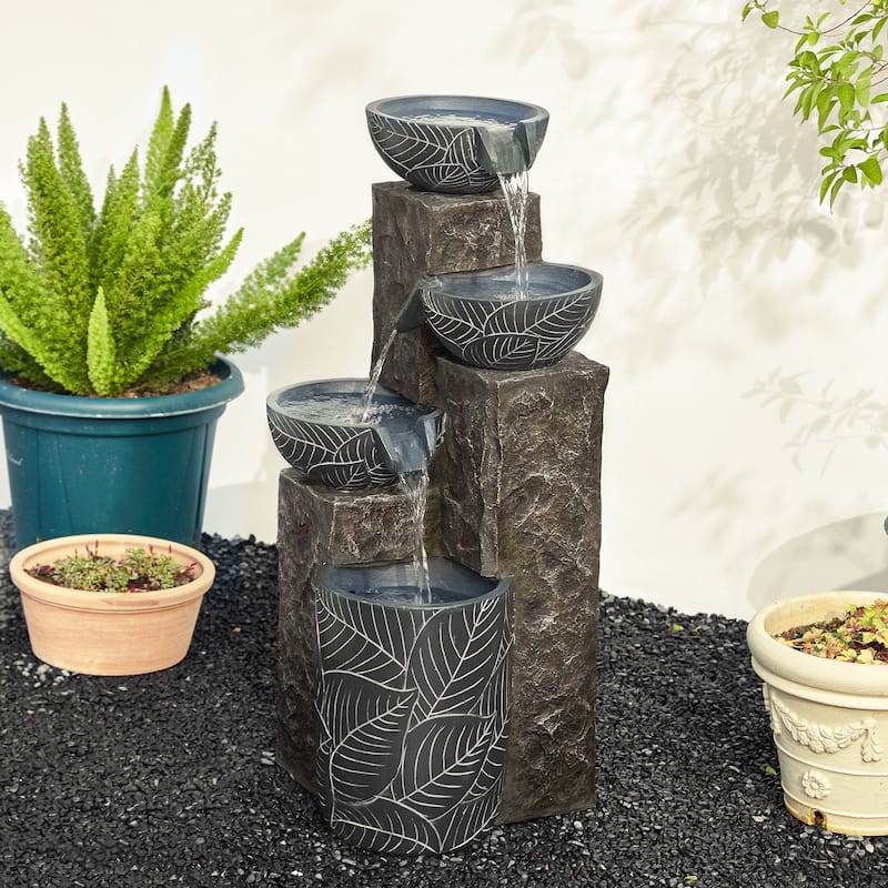 Glitzhome 32.75"H Oversized 4-Tier Leaf Textured Resin Outdoor LED Fountain
