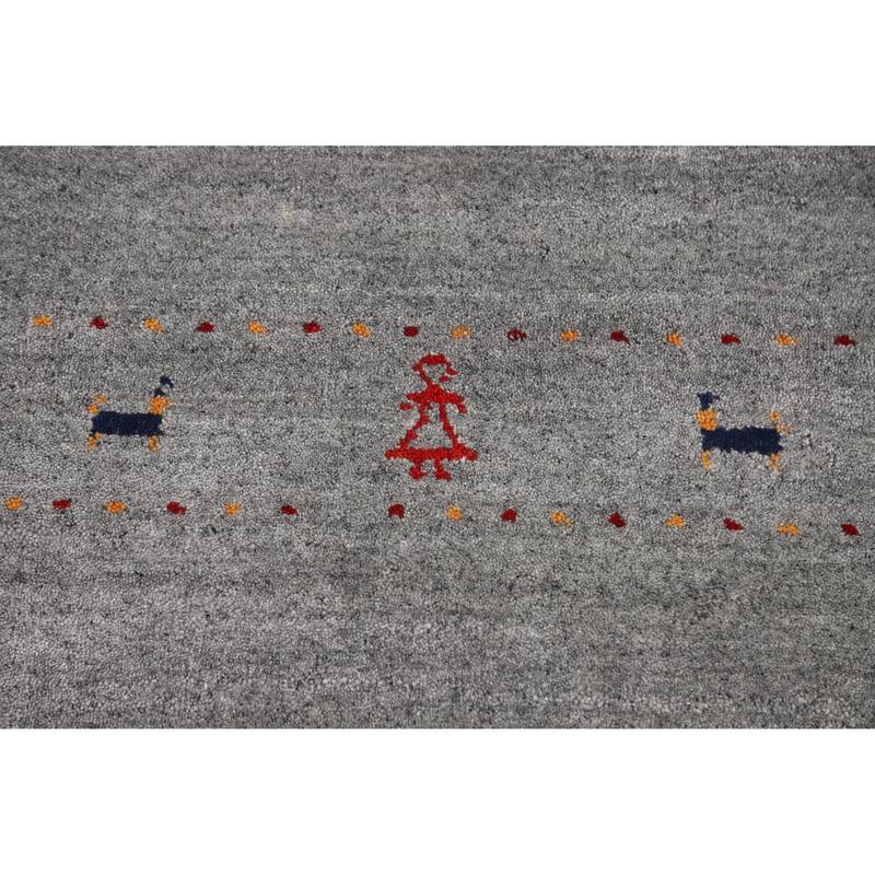 Hand Knotted Oriental 100% Wool Carpet Tribal Animal Pictorial Greys & Charcoal Gabbeh Runner Rug - 7' 10'' X 2' 8''