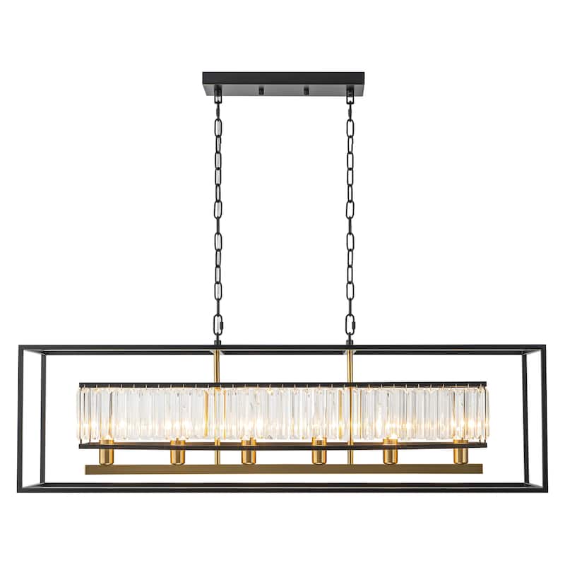 Rennnsan 6-Light Modern Black and Gold Rectangular Geometric Crystal Large Chandelier for Dining Room Table