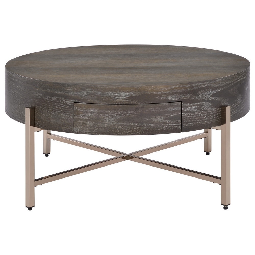 Overstock1 Drawer Round Modern Coffee Table With Crossed Metal Legs Brown And Gold Gold Wood And Metal Dailymail