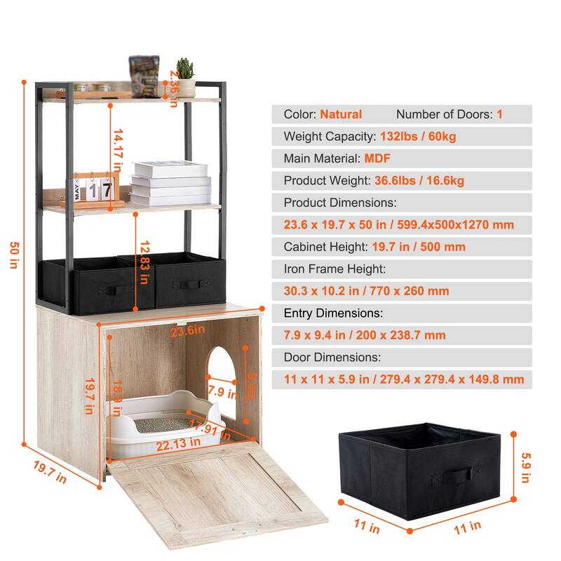 Natural MDF Hidden Cat Litter Box Enclosure Furniture with 2 Open Shelves and 2 Baskets