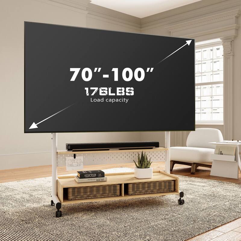 FITUEYES Rolling Floor TV Stand Mount for 70-100 Inch TVs ,with Two Wooden Large Storage