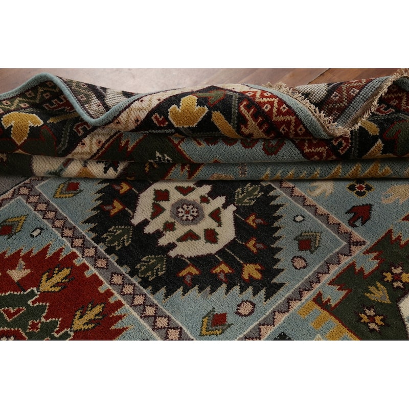 Light Blue Geometric Kazak Indian Area Rug Hand-Knotted Wool Carpet - 8'0"x 10'2"