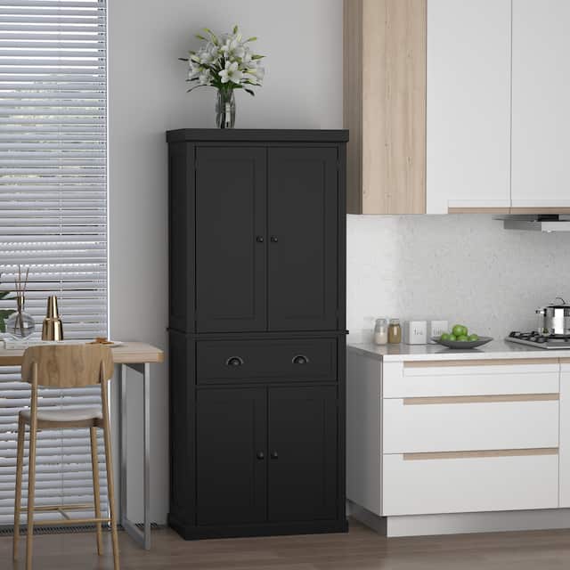 HOMCOM 72" Traditional Freestanding Kitchen Pantry Cupboard with 2 Cabinet,Drawer and Adjustable Shelves - N/A - Black