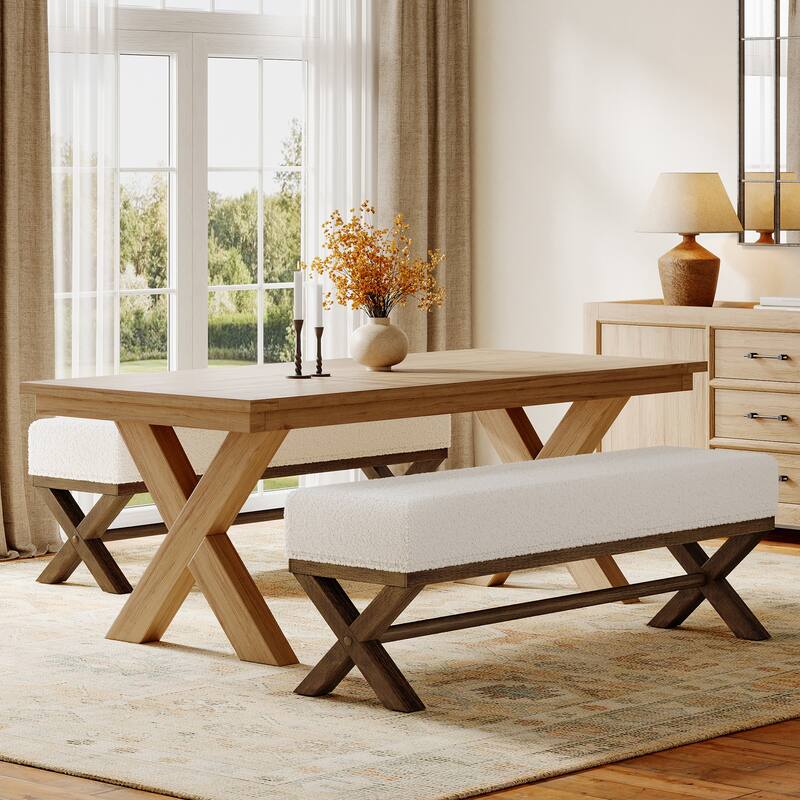 51.18" Solid Wood Upholstered Dining Bench, Faux Shearling Padded Seat Kitchen Stool Dining Seat for Dining Room Living Room