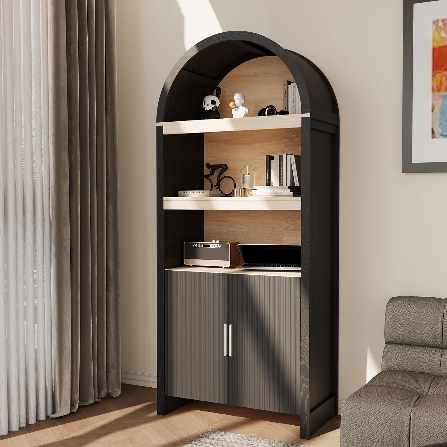 71" Tall Arched Cabinet, 5-Tier Arched Bookcase with Doors, 3 Open Display Shelves and Adjustable Shelf for Home