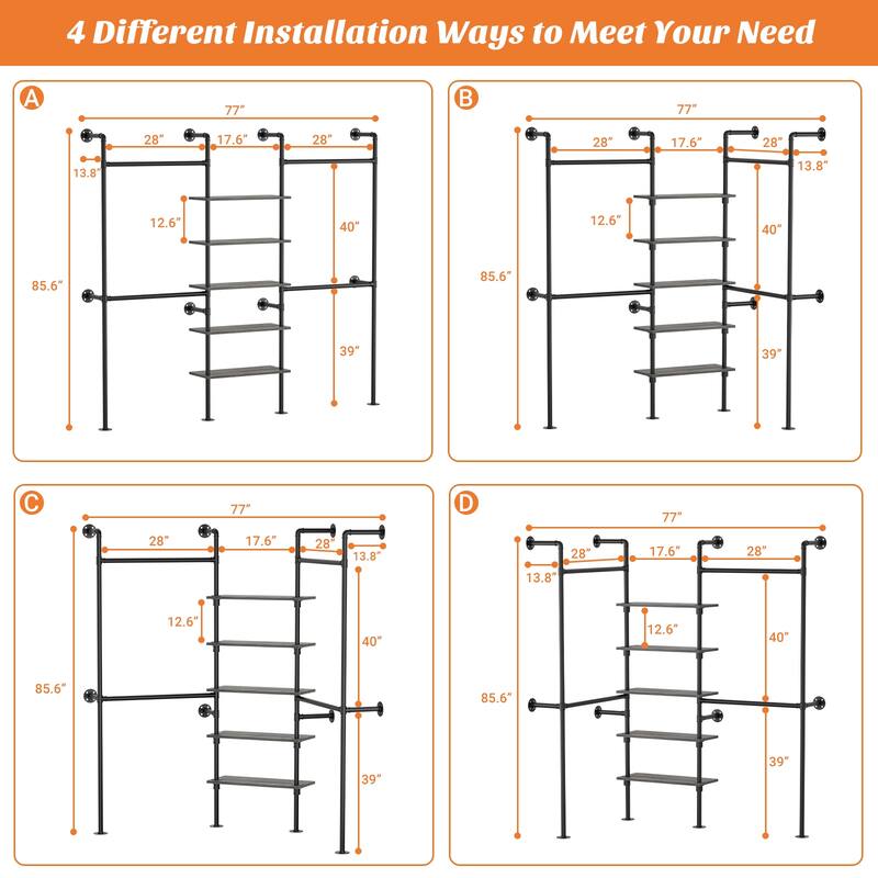 77'' Industrial Pipe Clothing Rack with 5-Tier Shelves, Reversible Closet Organizer System Garment Racks for Hanging Clothes