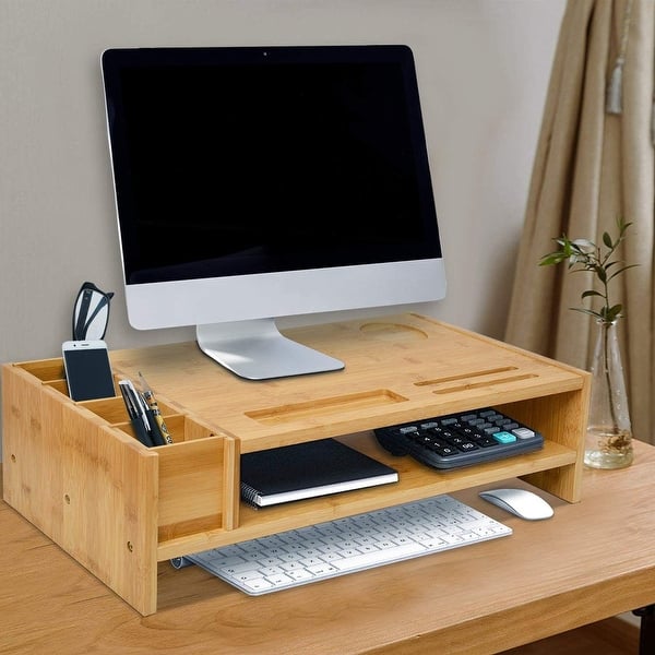Bamboo Desktop Bookshelf Organizer, Large Office Desk Storage