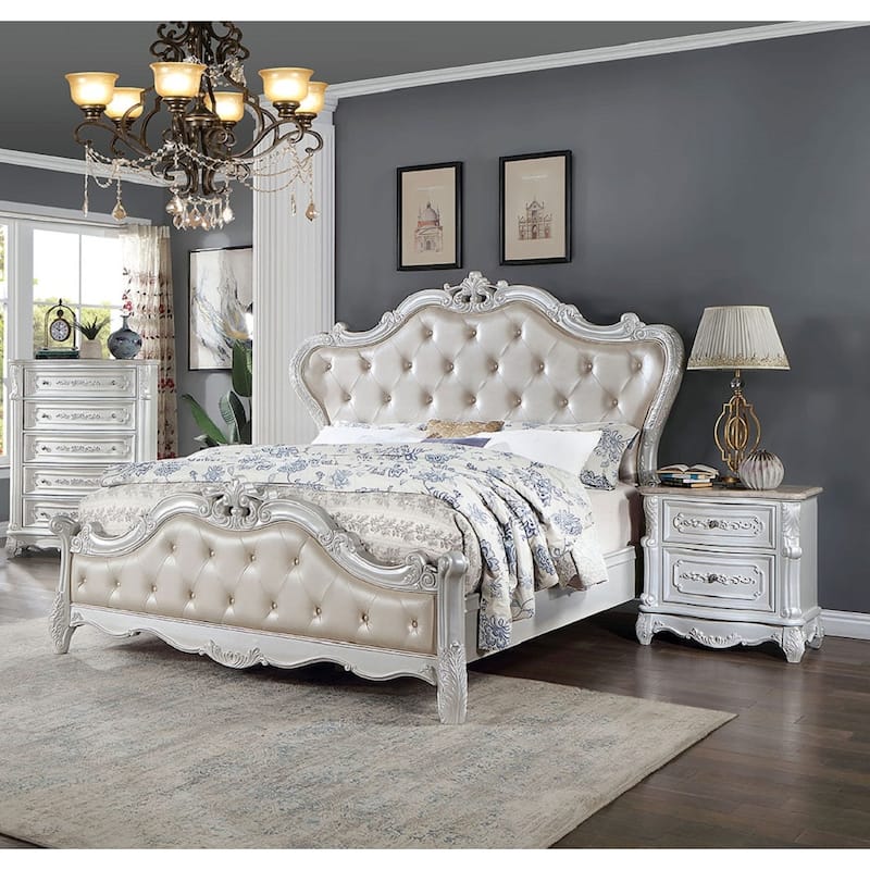 Pearl White Traditional 1pc Solid Wood Nightstand w/ 2 Drawers & Marble Top for Bedroom